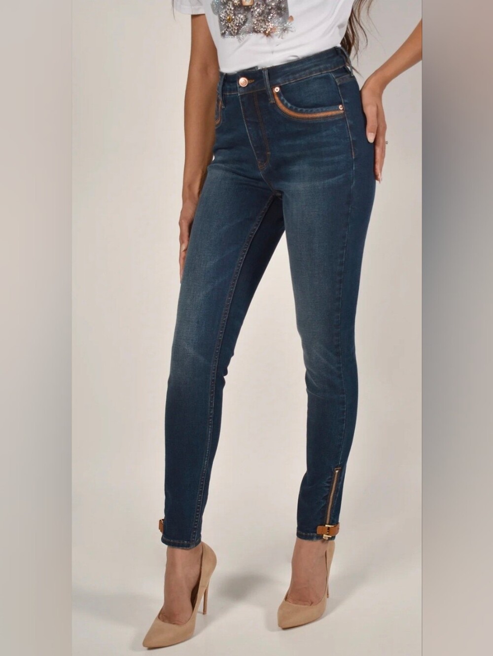 Frank Lyman Denim Skinny Jeans Medium Blue Faux Leather Trim Ankle Zip Small